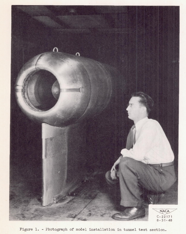 Figure 1 of NACA-RM-E9E12. Photograph of model installation in tunnel test section.